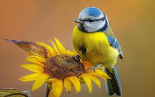 ai gerado isto artístico imagem características uma azul tit belas integrado para dentro uma esquentar, suave foco fundo com vívido girassóis foto