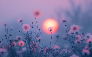 ai gerado recortado flores silvestres aquecer dentro a rosado brilho do uma configuração Sol foto