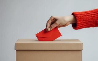 ai gerado a acima fechar perspectiva do uma mão vestindo uma vermelho suéter Como isto inserções uma vermelho envelope para dentro uma votação caixa foto