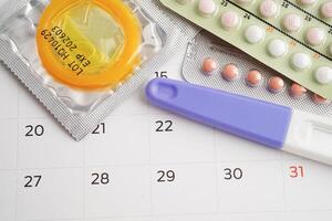 gravidez teste com nascimento ao controle pílulas e preservativo para fêmea em calendário, ovulação dia. foto