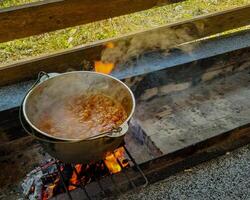 cozinhando Comida dentro caldeirão em aberto fogo foto