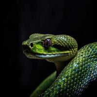 ai gerado fechar-se retrato do verde serpente em Preto fundo, generativo ai foto