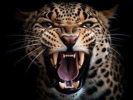 ai gerado fechar acima retrato do uma leopardo com uma rugindo expressão. generativo ai foto