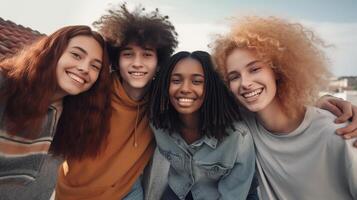 ai gerado multirracial grupo do jovem amigos vínculo ao ar livre, quatro indivíduos dentro a ao ar livre contexto, em pé fechar para cada de outros dentro uma mostrar do camaradagem ou amizade foto