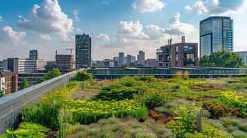 ai gerado vibrante telhado jardim com diverso plantas contra uma pano de fundo do urbano arranha-céus edifícios foto
