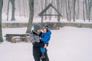 mãe carrinhos com uma choramingando bebê dentro dela braços dentro uma Nevado parque foto
