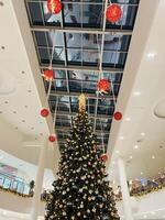 podgorica, Montenegro - 25 dezembro 2022. decorado com bolas e guirlandas, uma alta Natal árvore carrinhos dentro uma compras Centro entre pavimentos foto