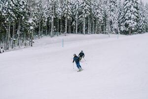 esquiadores descer 1 depois de outro ao longo uma Nevado montanha declive ao longo uma floresta foto