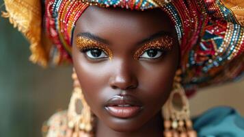 ai gerado a face do uma lindo africano menina dentro uma cocar. retrato do a africano americano mulher dentro uma chapéu foto