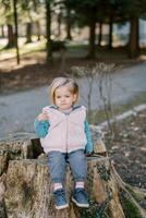 pequeno menina franzido dela lábios enquanto sentado em uma toco coberto com hera dentro a parque foto