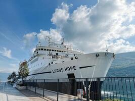 budva, Montenegro - 17 agosto 2023. ampla cruzeiro navio é ancorado fora a costa contra a pano de fundo do montanhas. rubrica. logotipos esperança foto