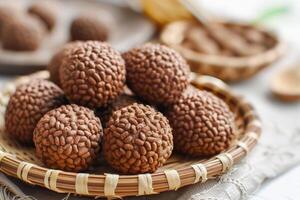 ai gerado kue bola Cokelat biskuit ou chocolate bolacha bola biscoitos. indonésio eid lanche, kue Lebaran foto