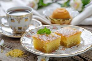 ai gerado turco café e tradicional turco sobremesa dentro prato em de madeira mesa foto