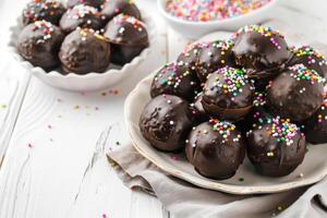 ai gerado kue bola Cokelat biskuit ou chocolate bolacha bola biscoitos. indonésio eid lanche, kue Lebaran foto