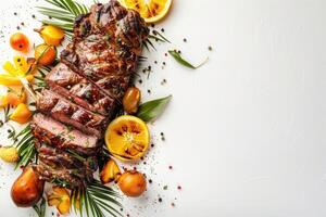 ai gerado caribe assado carne com tropical frutas, tropical folhas e flores, espaço para texto foto