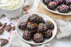 ai gerado kue bola Cokelat biskuit ou chocolate bolacha bola biscoitos. indonésio eid lanche, kue Lebaran foto