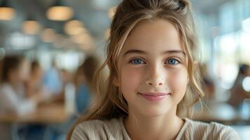 ai gerado sorridente jovem menina com azul olhos foto