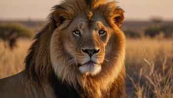 ai gerado fechar acima Visão do uma majestoso masculino leão banhado dentro a caloroso brilho do uma configuração Sol dentro a grande africano savana foto