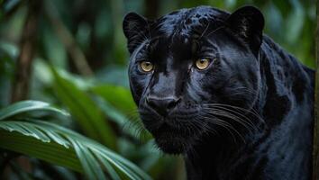 ai gerado elegante e ágil Preto pantera encarando alerta dentro tropical floresta tropical foto