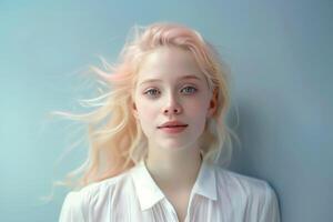 ai gerado retrato do uma lindo jovem menina com Rosa cabelo em uma azul fundo foto