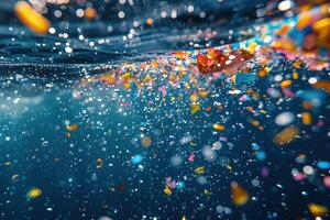 ai gerado colorida microplástico partículas dentro mar água, de Meio Ambiente poluição conceito foto