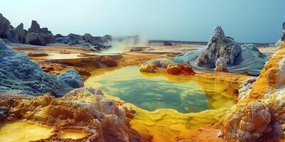 ai gerado panorama com mineral depósitos por aí uma quente hidrotérmico água saída dentro uma vulcânico região foto