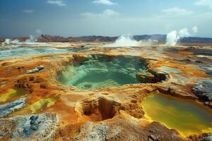 ai gerado panorama com colorida quente molas dentro uma vulcânico área foto