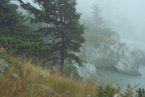ai gerado costeiro chuvoso paisagem, nebuloso manhã em uma íngreme banco, borrado fundo foto