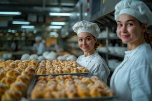 ai gerado jovem profissional fêmea padeiros segurando bandejas com pães dentro ampla moderno padaria foto