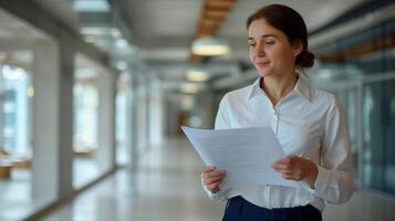 ai gerado retrato do uma jovem empresária segurando uma documento dentro a escritório foto