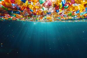 ai gerado plástico partículas dentro mar água, plástico lixo, de Meio Ambiente poluição foto