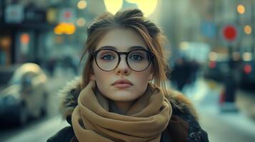 ai gerado uma jovem mulher dentro óculos em ocupado cidade rua foto