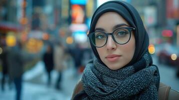 ai gerado lindo jovem muçulmano mulher vestindo óculos e hijab foto