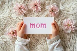 ai gerado feliz mãe dia ou internacional dia do famílias. topo Visão do crianças mãos segurando cartão com texto mãe em fundo do Rosa flores foto