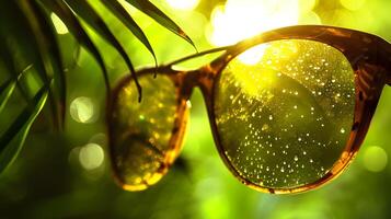 ai gerado tropical verão conceito oculos de sol com água gotas em verde folhagem fundo foto