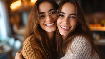 ai gerado dois feliz jovem mulheres abraçando e sorridente foto