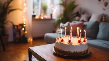 ai gerado uma aniversário bolo com velas em isto sentado em uma mesa foto