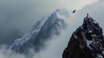 ai gerado uma pássaro é vôo sobre uma montanha pico foto