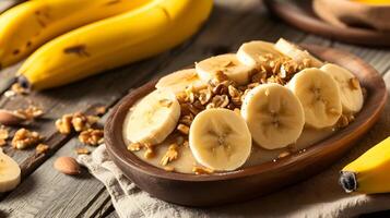 ai gerado saudável banana fatias com nozes em de madeira prato café da manhã configuração fundo foto