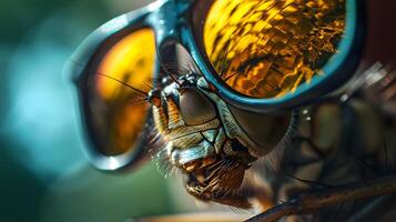 ai gerado macro tiro do mosca em oculos de sol com dourado reflexão foto