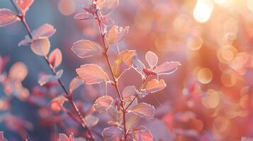 ai gerado suave foco do Rosa folhas em uma plantar com caloroso iluminado pelo sol bokeh foto