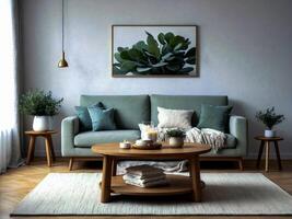 ai gerado moderno vivo quarto com chique verde sofá e de madeira acentos foto