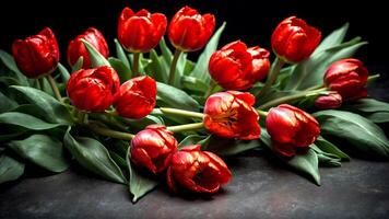 ai gerado luminoso vermelho tulipas em pé Fora contra uma sombrio pano de fundo foto