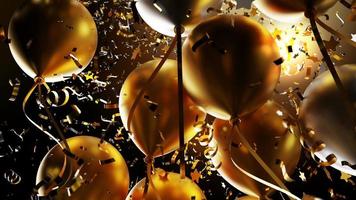 balão de ouro e prata com folha de confete caindo no fundo preto 3d render