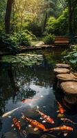 ai gerado uma relaxante Primavera imagem exibindo uma tranquilo koi lagoa foto