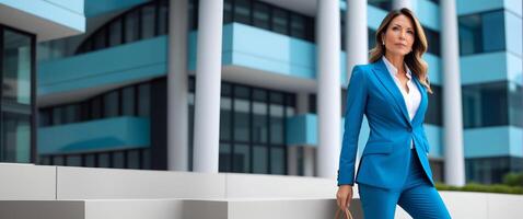 ai gerado confiante empresária dentro à moda azul terno poses contra uma moderno escritório prédio, simbolizando profissional sucesso e internacional mulheres dia foto