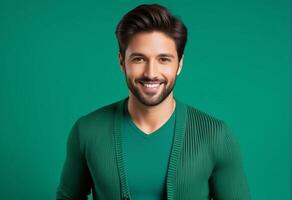 ai gerado bonito jovem adulto masculino com uma barba, sorridente com confiança contra uma sólido verde fundo, ideal para moda e st patricks dia promoções foto