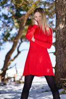 jovem loira com um vestido vermelho e meias pretas nas montanhas nevadas no inverno.