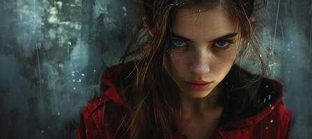 ai gerado retrato do lindo vampiro jovem mulher com vermelho olhos. foto