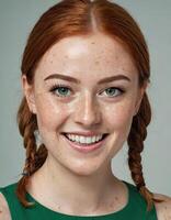 ai gerado ruiva mulher escritório retrato. feliz sorridente senhora com sardas e vibrante ruiva tranças retrato em ambiente de trabalho. foto